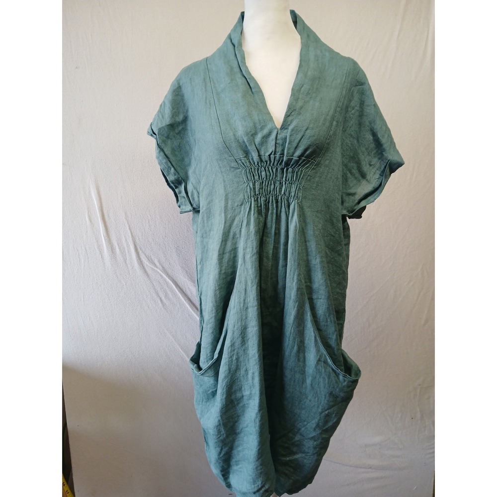 Meo meli 100% linen pocket dress sage green lagenlook sustainable v neck